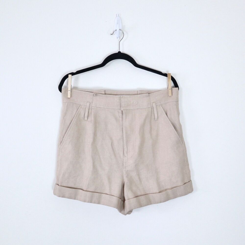 Frame Size 6 Linen Blend High Rise Paperbag Canvas Shorts Tan Beige - Picture 2 of 9